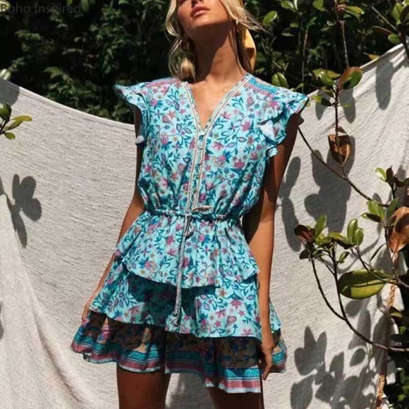 bohemian floral print v neck ruffle purple dress - Picture 14 of 16